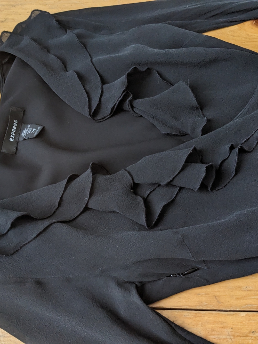 Express Black Chiffon Wrap Dress Ruffle V-Neck Bell Sleeve 7/8 Midi Small y2K